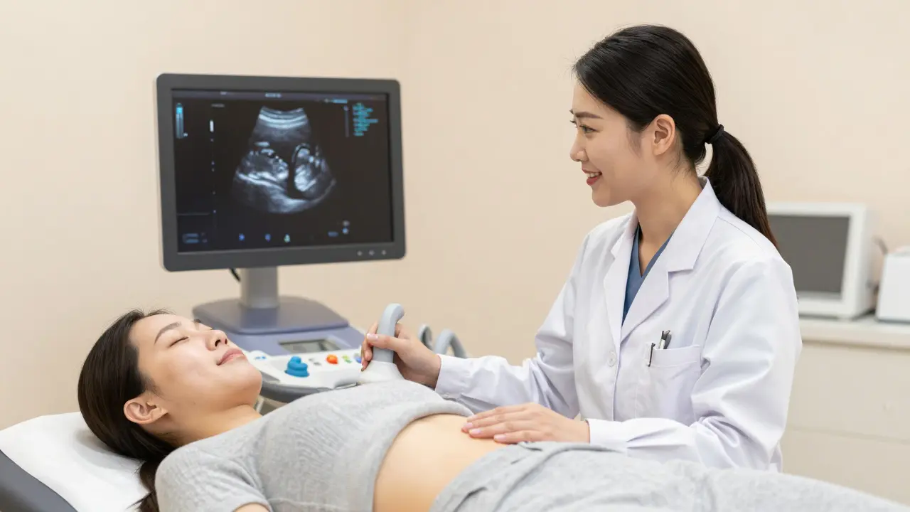 Ženský gynekolog provádí břišní ultrazvuk na pacientce v klidném prostředí.