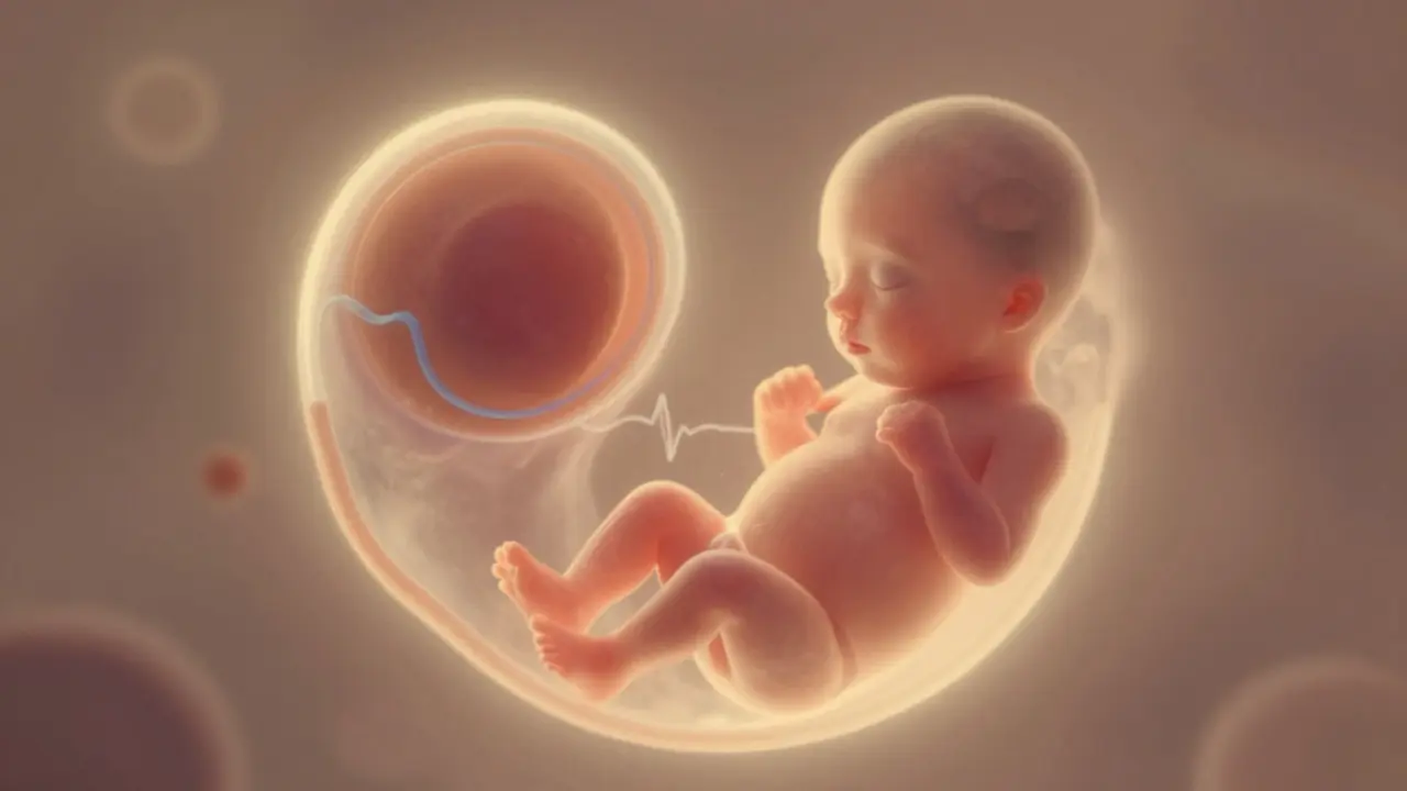 Abstraktní představa vznikajícího srdečního tepu v raném těhotenství.