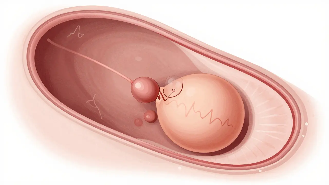Anatomický náčrt raného těhotenství s plodovým výhonem a srdečním tepem na 6. týdnu.