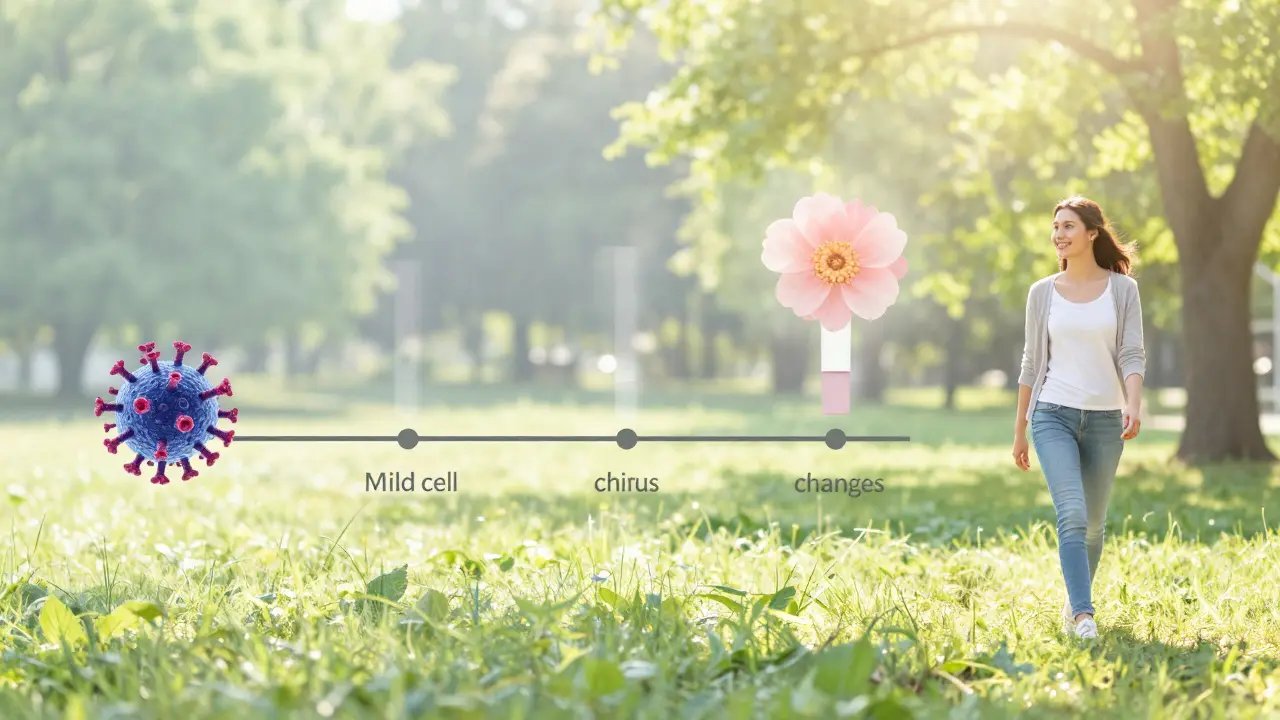 Časová osa od infekce HPV k obnově zdraví, symbolizovaná přeměnou buňek v květ, v klidné krajině.