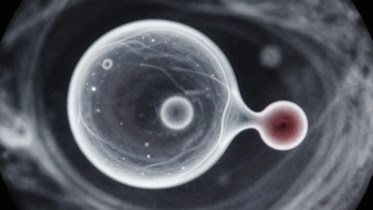 Detailní zobrazení embryo a vajíčkového váčku v pátém týdnu těhotenství.