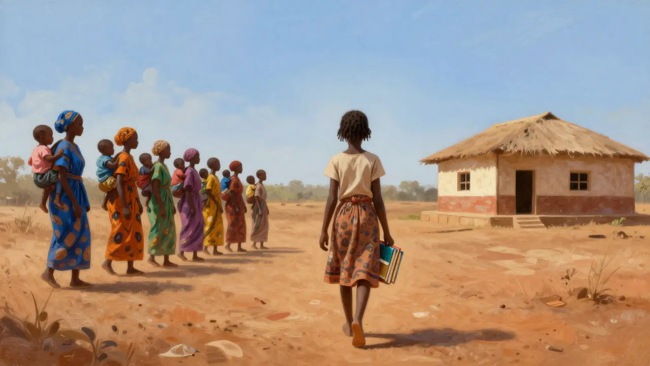 Dívka v Nigeru jde k škole, zatímco ženy za ní nesou děti, symbolizující výběr mezi vzděláváním a tradicí.