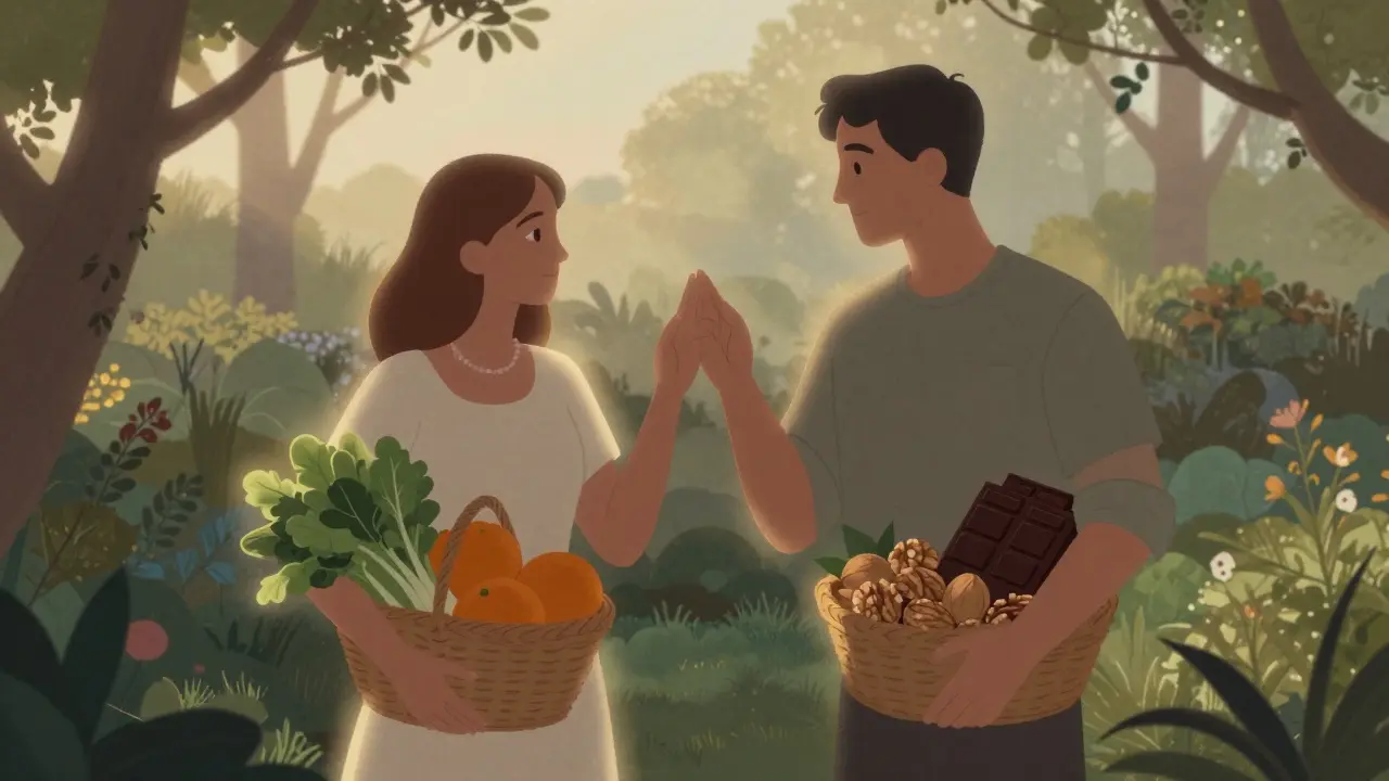 Dva lidé v zahradě v ranním světle drží košíky plné potravin, které podporují plodnost.