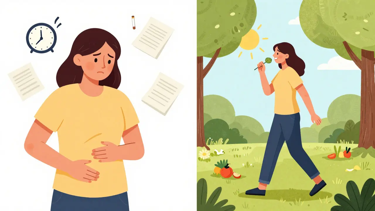 Dvě varianty těhotné ženy: jedna pod stresem, druhá ve zdravém životním stylu