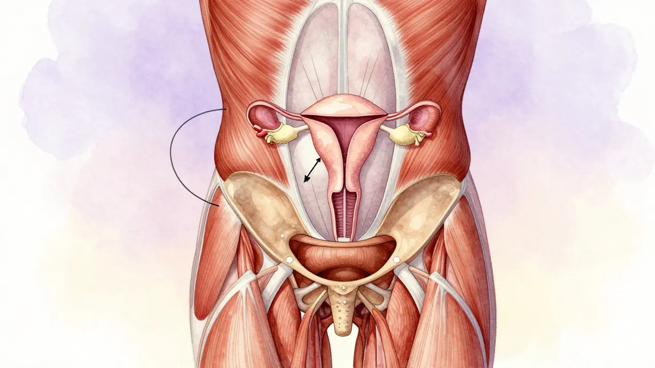 Ilustrace tří vrstev svalů pánevního dna s příznaky přílišného napětí a omezeného pohybu orgánů.