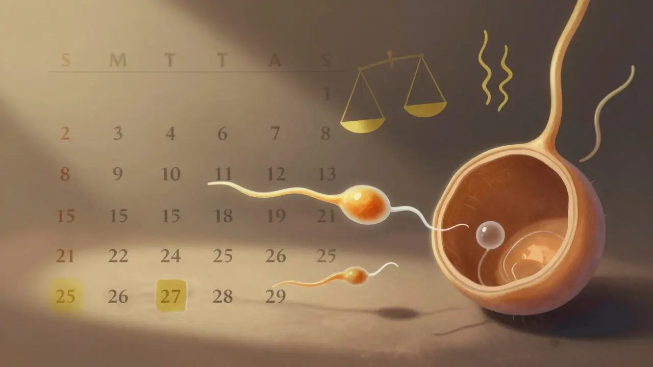 Kalendář s nejméně plodnými dny označenými zlatou barvou a symboly stresu a hormonální nerovnováhy.