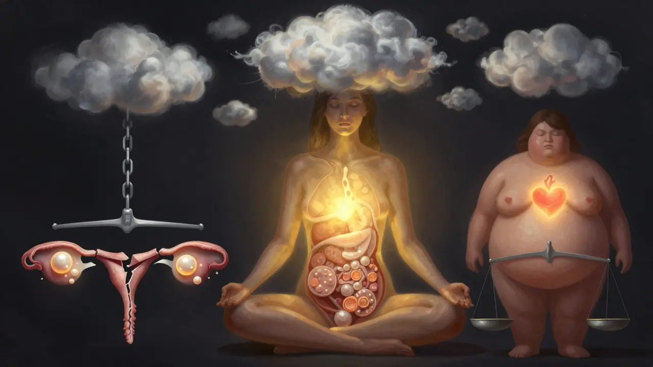 Koncepční obrázek těla s nezralými folikuly v vaječnících a hormonálními přerušeními.