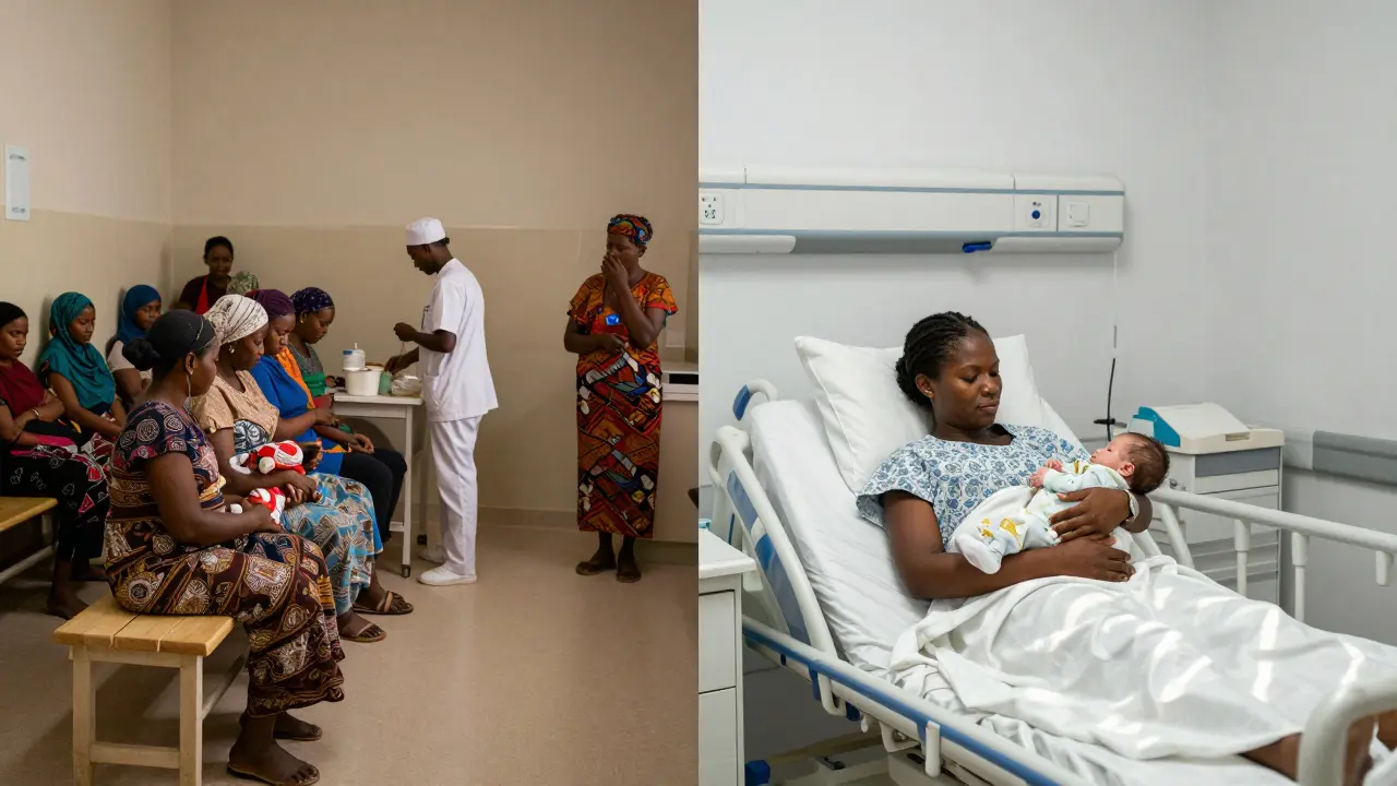 Kontrast mezi přeplněnou porodnicí v Nigeru a klidnou porodnicí v Praze, ukazující rozdíly v péči o matky.