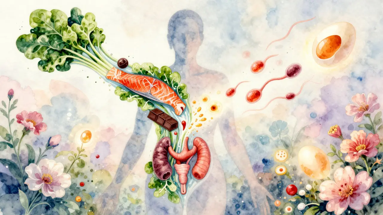 Kresba lidského těla s výživovými proudy napájejícími reprodukční orgány a spermie.