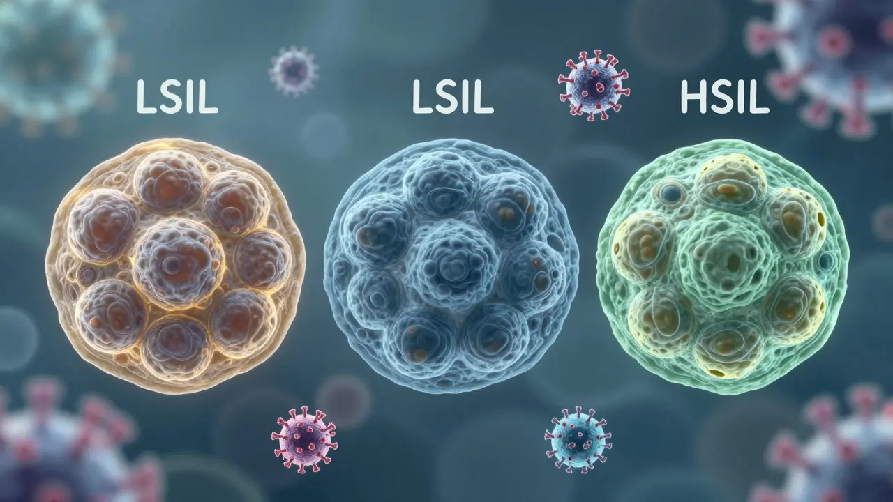 Mikroskopický pohled na buňky děložního hrdla: zdravé, mírně a významně změněné buňky s vloženými viry HPV.