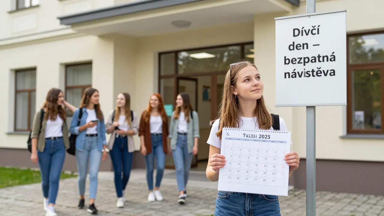 Mladá žena stojí před klinikou s označením 'Dívčí den' a jde do budovy.