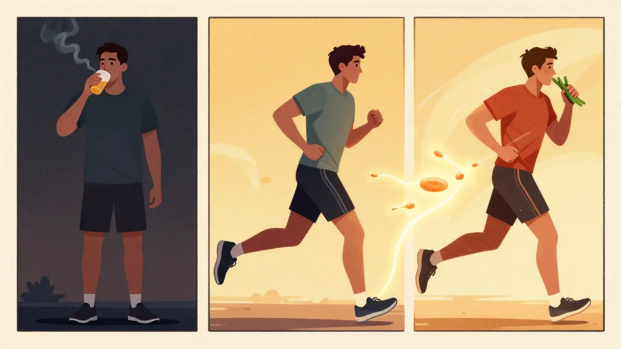 Muž přechází od špatných návyků k zdravému životnímu stylu s vylepšenou kvalitou spermie.