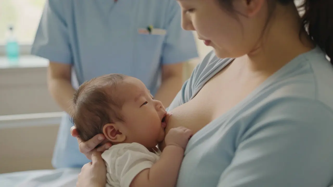Nová matka a kojení s pomocí porodní asistentky v nemocničním pokoji.