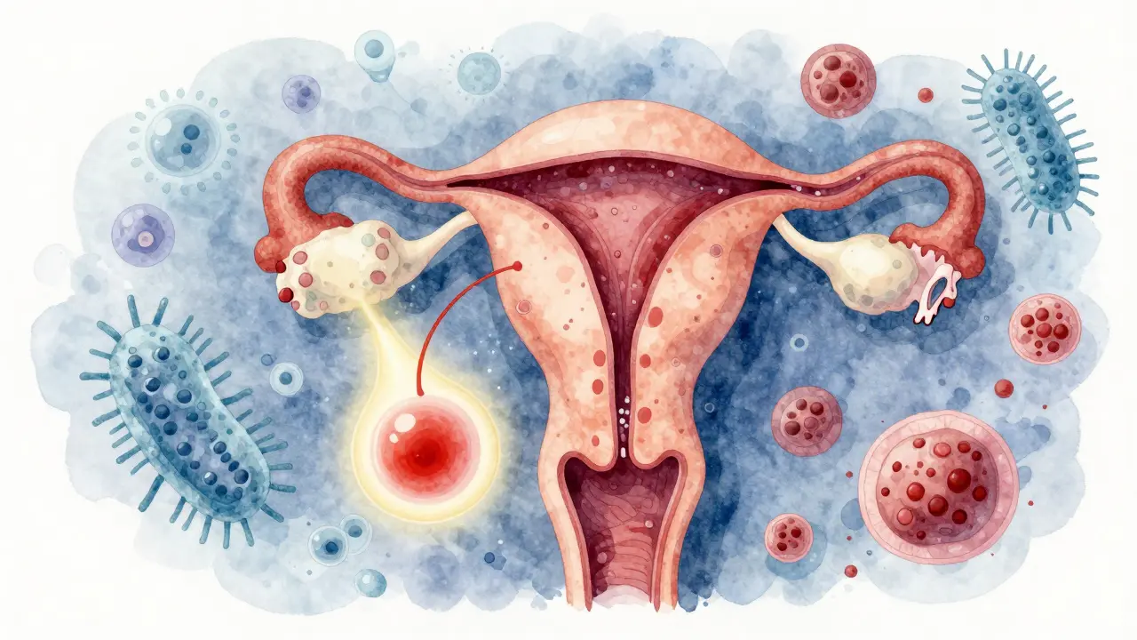 Průřez ženského reprodukčního systému: zdravá a blokovaná vaječná trubka s příznaky zánětu a endometriózy.