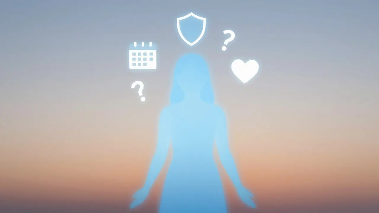 Symbolický obraz dívky s ikonami zdraví, kalendáře a srdce v jemných barvách.