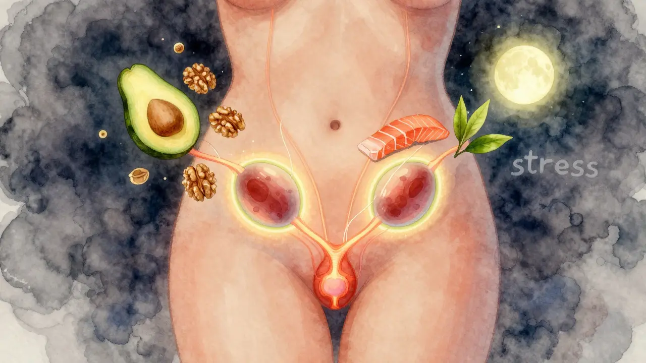 Symbolický obrázek vaječkového vývoje s živinami a ochranným světlem melatoninu.