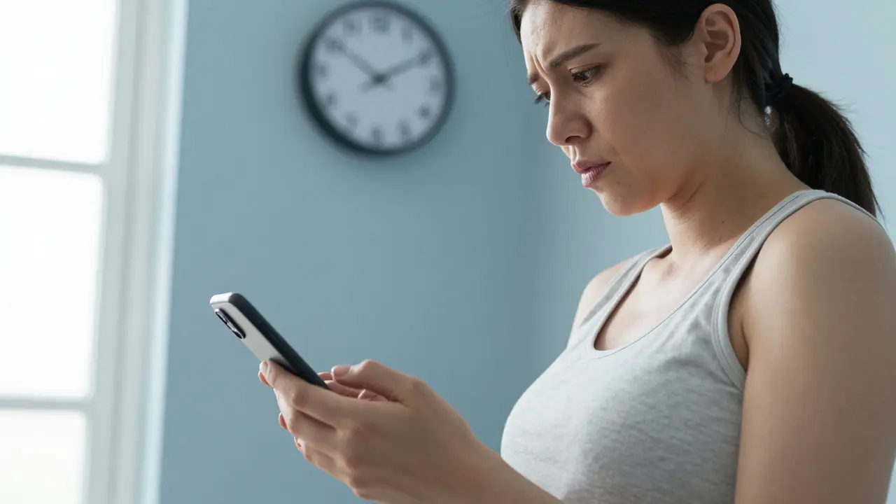 Těhotná žena sleduje pravidelné stahy na hodinách v domácím prostředí.