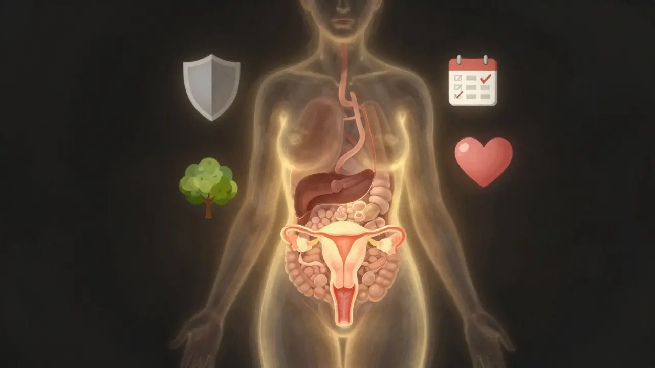 Transparení tělo s označenými vnitřními orgány a symboly prevence zdraví žen.