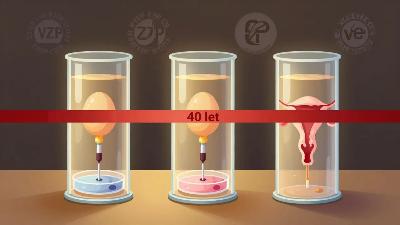 Tři průhledné cykly IVF s vajíčky, embryí a přenosem do dělohy, za nimi čtyři stejné pojišťovny, červená bariéra označená '40 let' blokuje čtvrtý cyklus.