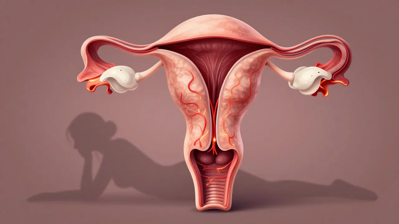 Vnitřní pohled na roztahující se a stahující se dělohu během porodu s vyznačenými nervy a tlakem na pánvi.