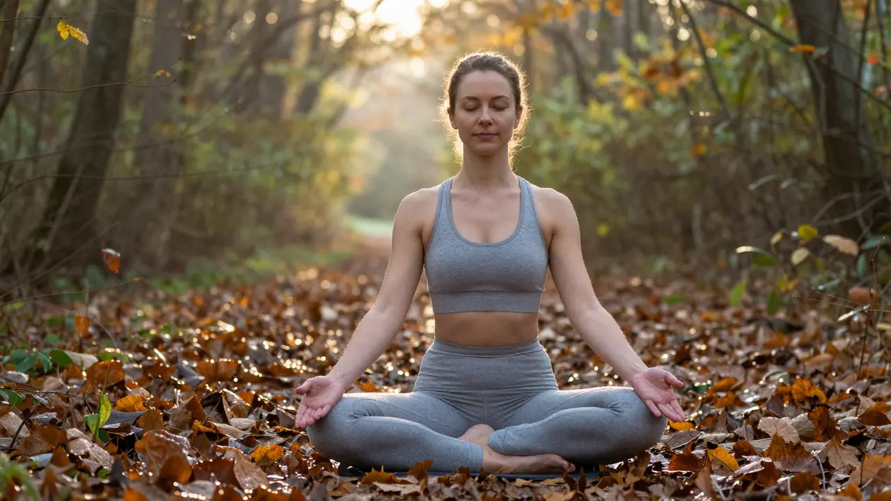 Žena dělá jógu na slunci v lese v poloze butterfly, klidně a s otevřenýma očima.