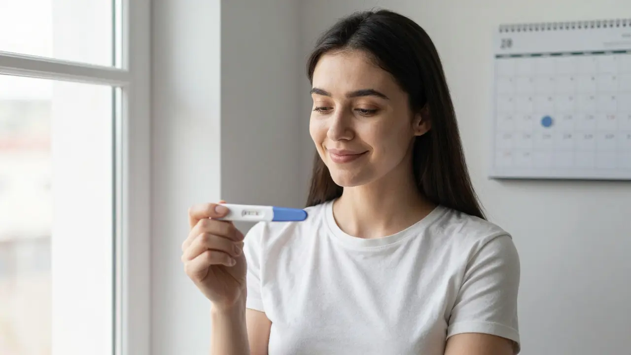 Žena drží pozitivní těhotenský test při ranním světle, s kalendářem označujícím očekávanou menstruaci.