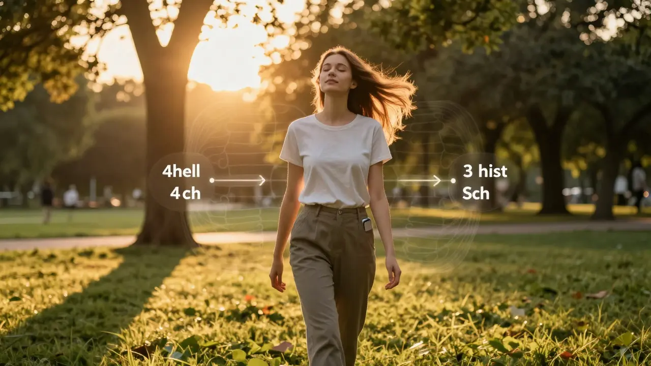 Žena dýchá v parku při západu slunce, bez telefonu, v klidu a pokoji.