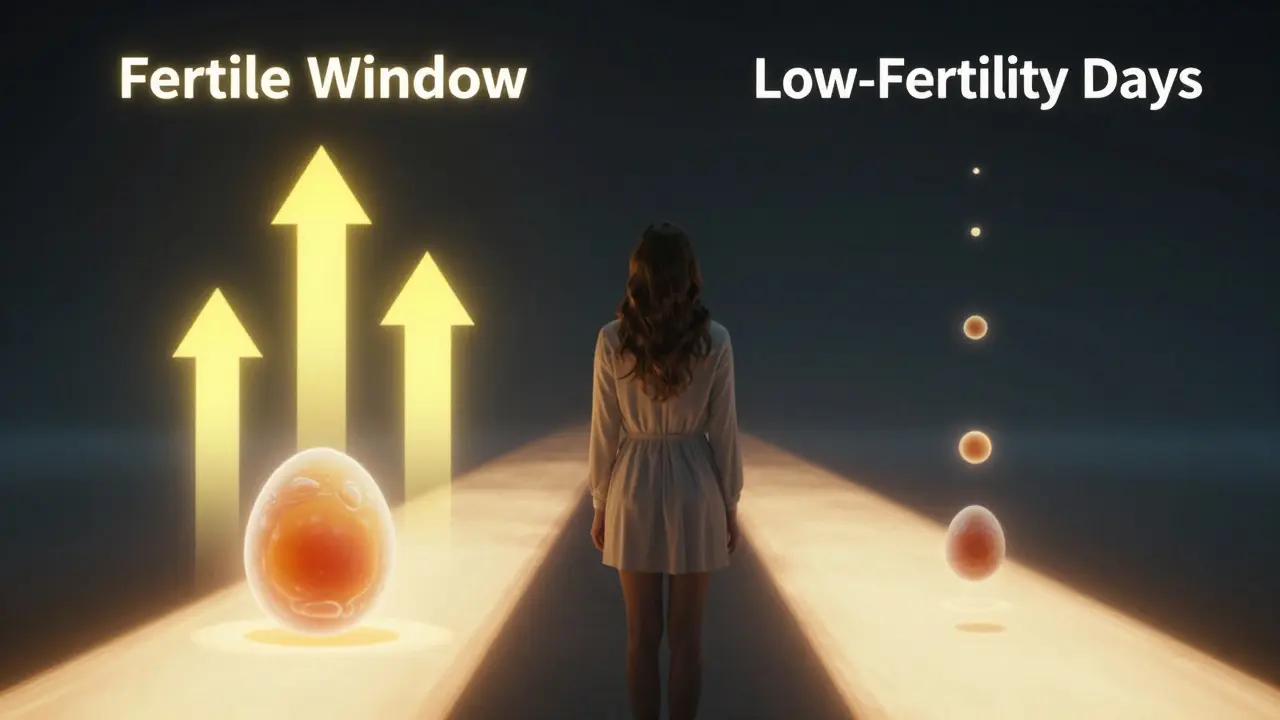 Žena mezi dvěma cestami: jedna ukazuje plodné dny, druhá dny s nízkou plodností.