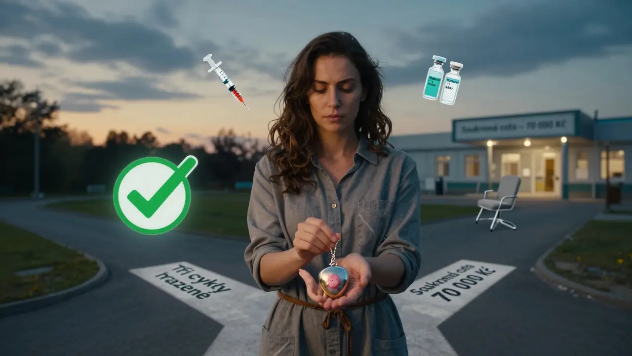 Žena na křižovatce mezi hrazenou IVF cestou a soukromou, v ruce drží locket ve tvaru embrya, kolem ní plavou ikony nákladů.
