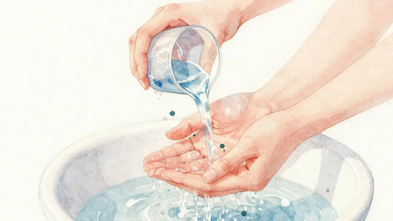 Žena oplachuje genitálie vodou a odstraňuje bakterie.