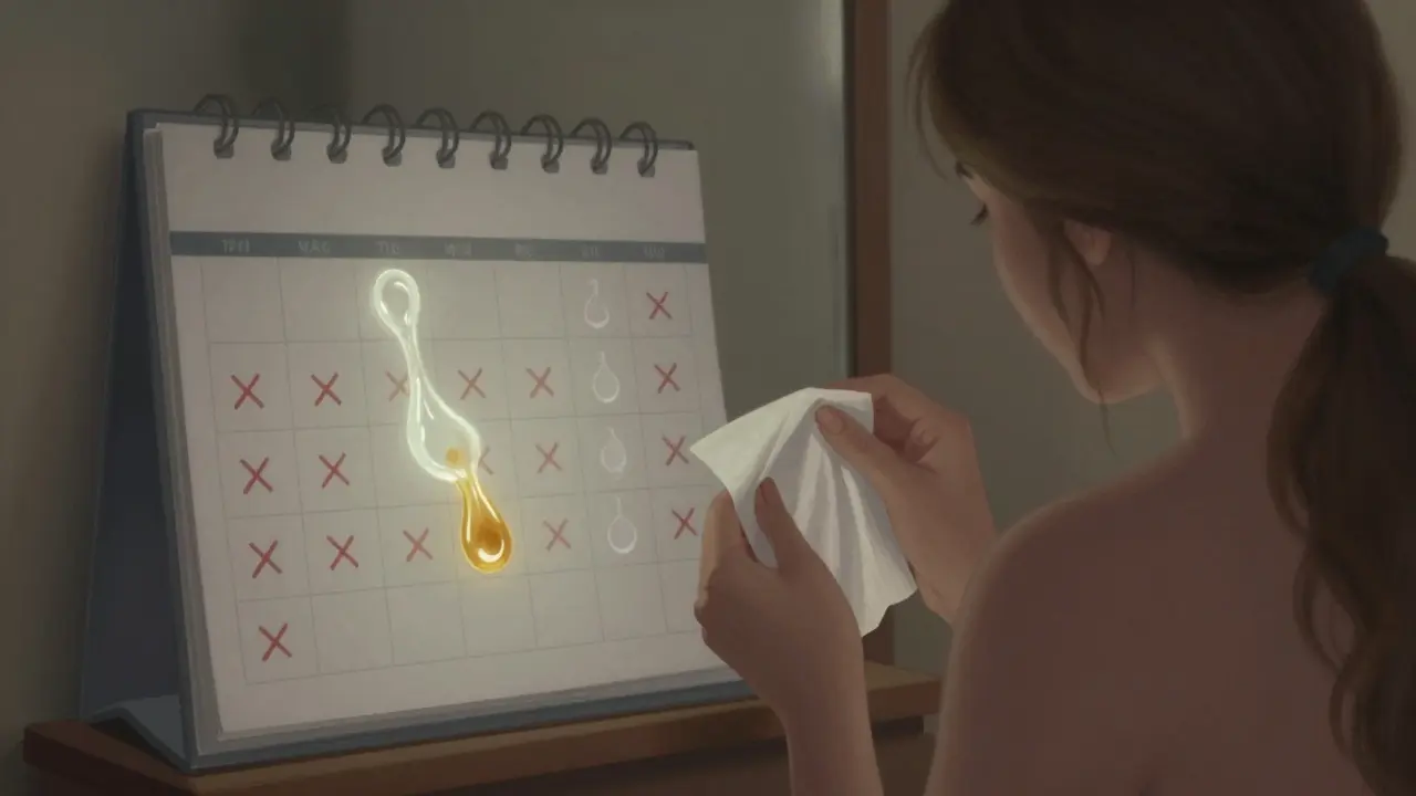 Žena pozoruje výtok v zrcadle, vedle ní kalendář s nepravidelnými cykly.