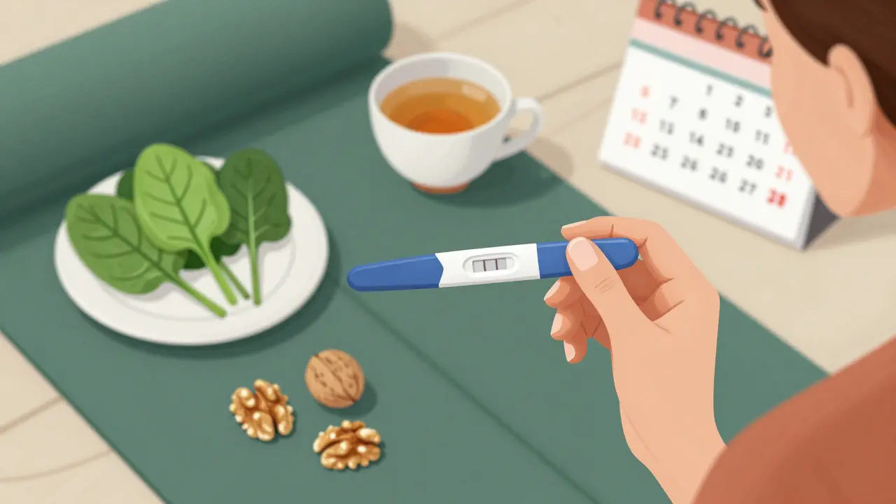 Žena s pozitivním testem na ovulaci a zdravými potravinami kolem sebe.