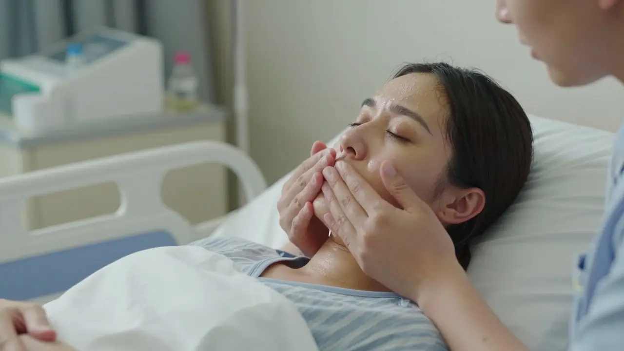 Žena v aktivní fázi porodu dýchá podle časového rytmu, partner jí tiše pomáhá.