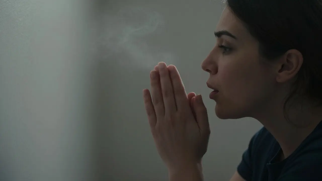 Žena v fázi vytlačování dýchá kontrolovaně 'puff-puff-puff', zaměřená na jedno místo.