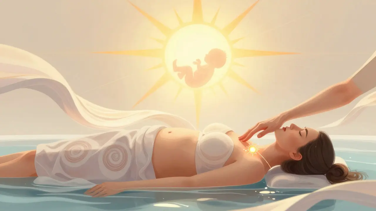 Abstraktní scéna porodu s proudy světla symbolizujícími dýchání, teplo, masáž a akupunkturu jako zdroje úlevy.