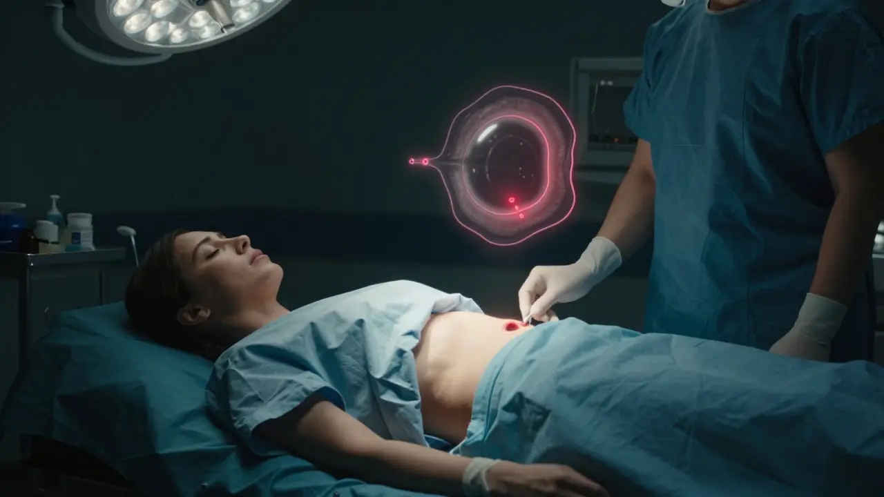 Chirurg připravuje laparoskopickou operaci cysty na vaječníku.