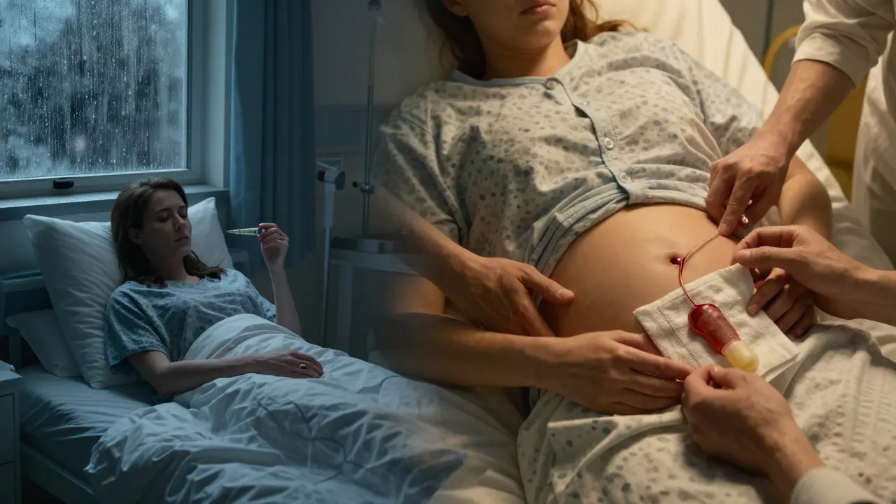 Dvě strany jedné ženy: jedna cítí chlad, druhá zažívá příznaky porodu – prasklé vodní pytli a krevní kámen.