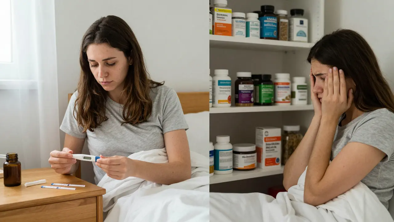 Dvě ženy: jedna s ovulačními testy a teploměrem, druhá před regálem s nekvalitními bylinami.