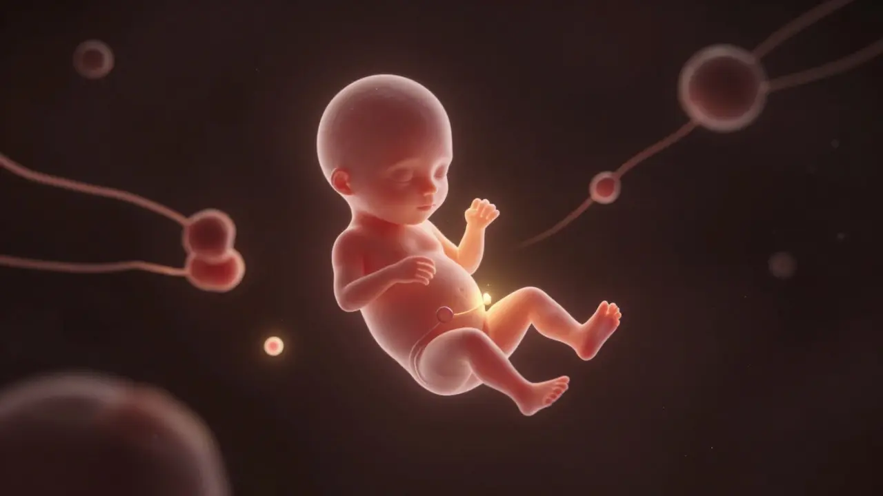Embryo plave ve tmavém prostoru, kolem něj světelné cesty znázorňují opakované pokusy o oplodnění.