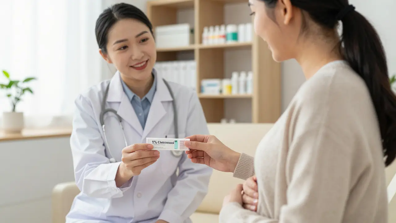 Gynekolog konzultuje těhotnou ženu o bezpečné léčbě vaginální mykózy.