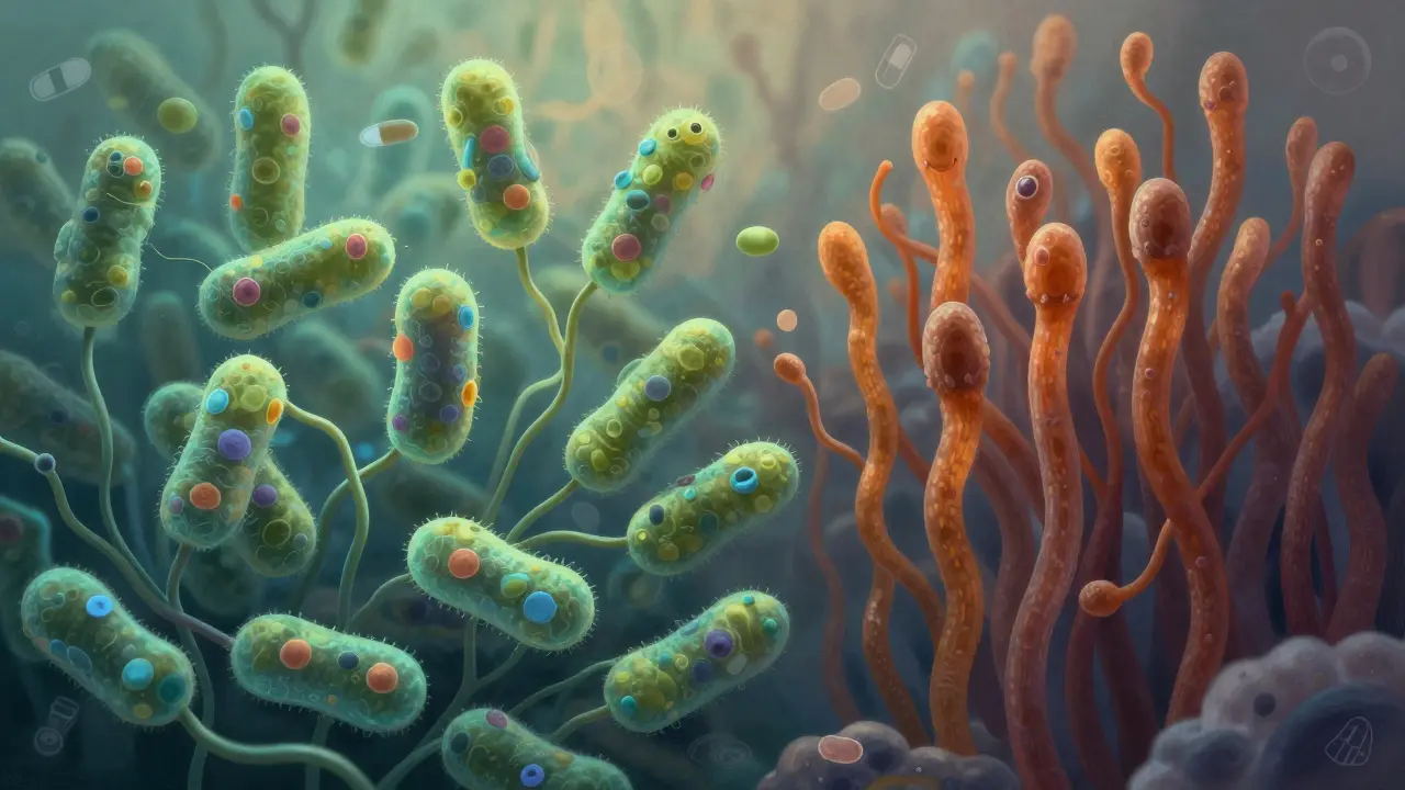 Konceptuální obrázek vyrovnávající zdravou mikrobiomovou rovnováhu pochvy: užitečné bakterie proti kvasinkám, s významnými symboly nežádoucích faktorů.