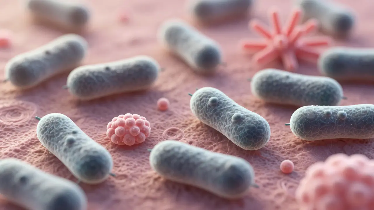 Mikroskopický pohled na rovnováhu bakterií Lactobacillus a kvasinky Candida v pochvě.