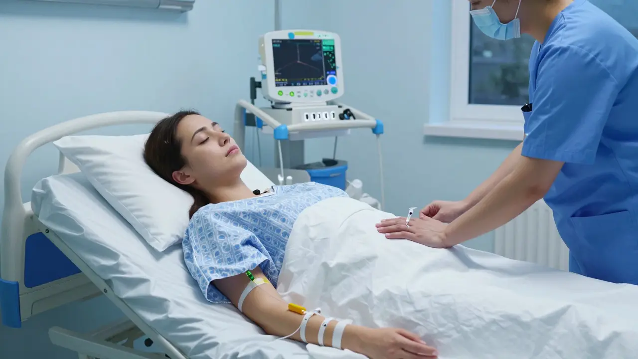 Příprava epidurální anestézie v porodnici: sestra podává lék, žena dýchá klidně, ve světle večerního dne.