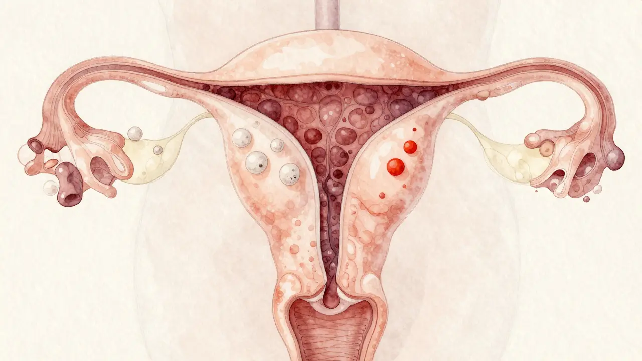 Průhledná cysta vedle ženského vaječníku, vodové barvy, symboly hormonální nerovnováhy