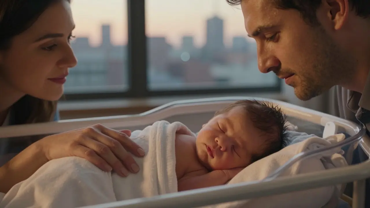 Rodiče s novorozencem v nemocničním pokoji