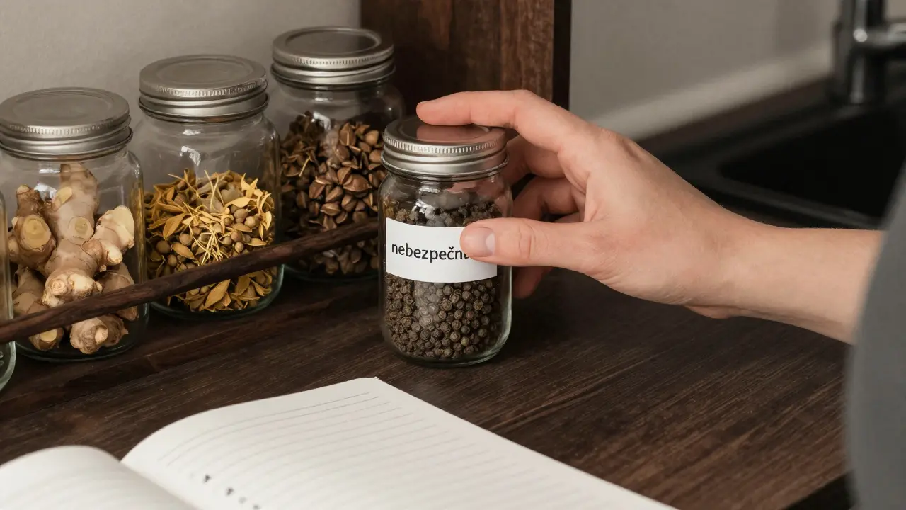 Ruka těhotné ženy se zastaví nad nebezpečnými kořeními, zatímco bezpečná jsou osvětlena zlatým světlem.