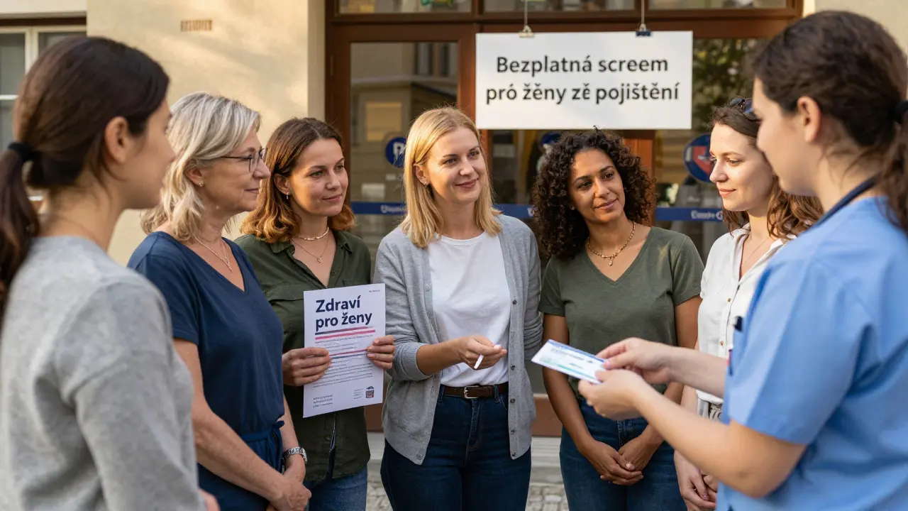 Skupina žen přijímá zdarma preventivní vyšetření od zdravotnického personálu.