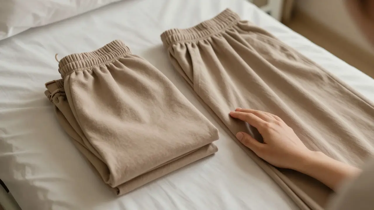 Složené jogové kalhoty a sukně leží na lůžku vedle plátna.