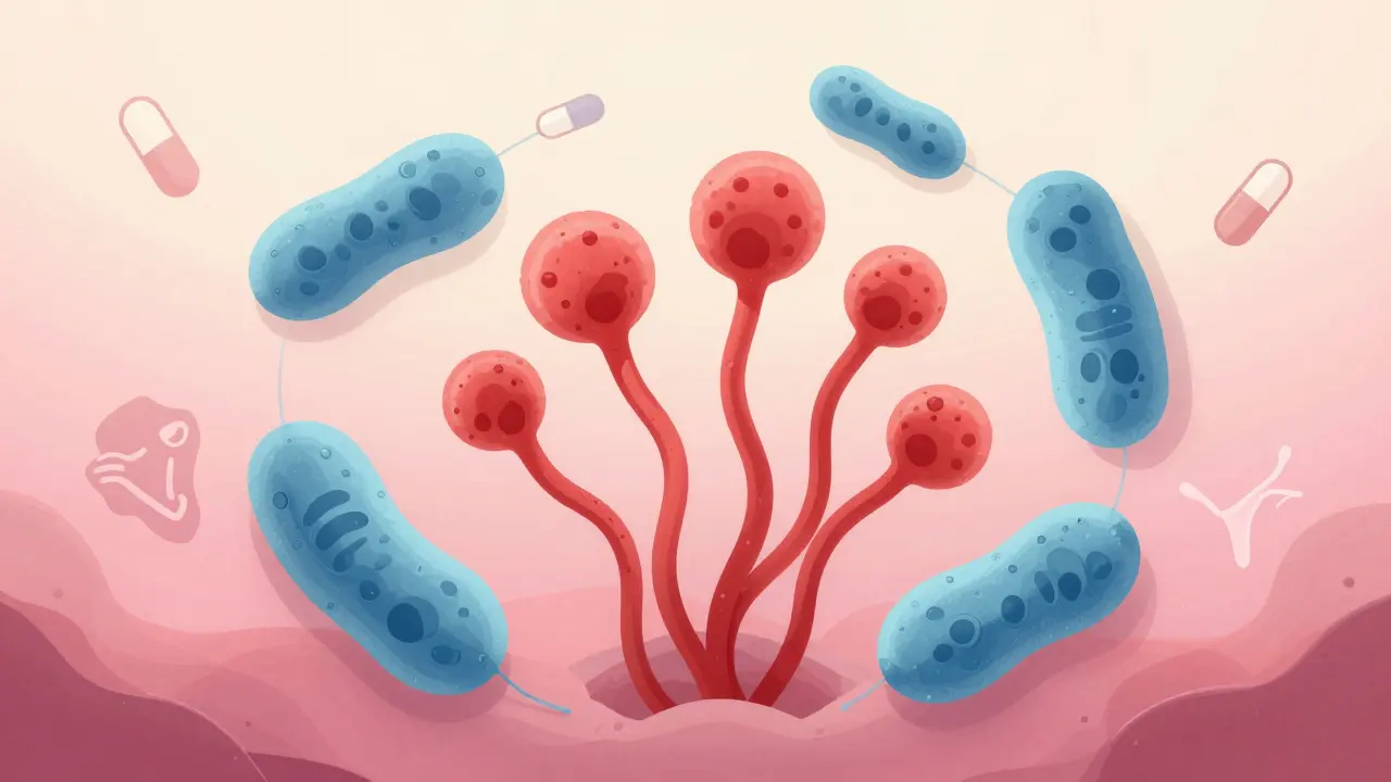 Symbolická ilustrace rovnováhy mezi prospěšnými bakteriemi a kvasinkami v pochvě.