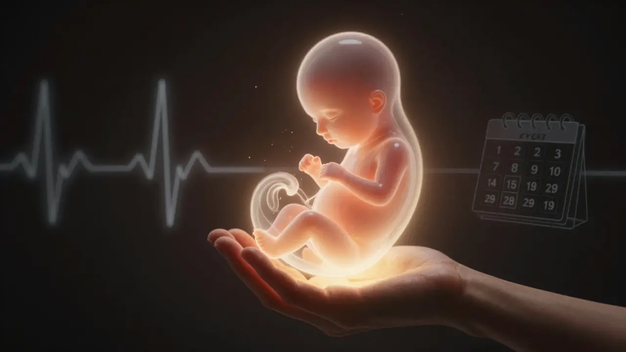 Symbolická představa embrya s tepem srdce ve světle, označující začátek těhotenství.